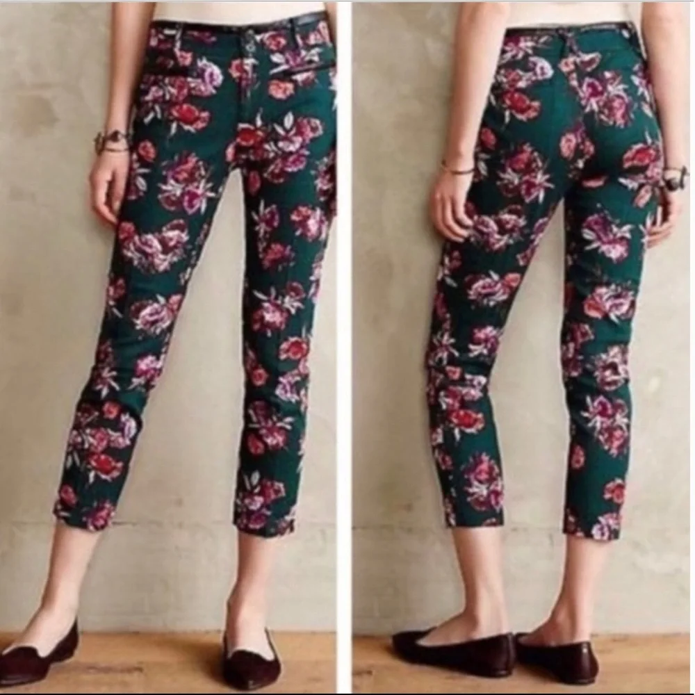 Anthropologie Cartonnier Charlie Ankle Pant Crop in Green with florals size 2 - Picture 2 of 16